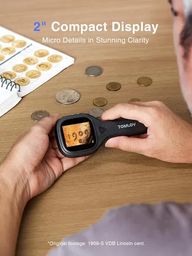 Vista 2 de TOMLOV Microscopio portátil de primer plano P10 Evo: Microscopio digital de monedas 20X para adultos y niños, lupa iluminada con LED con pantalla