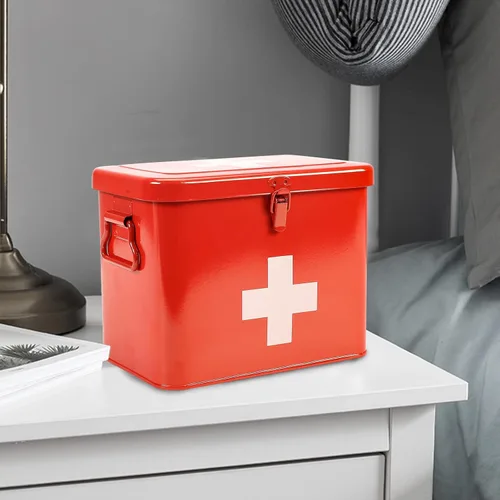 Vista 4 de Kit de primeros auxilios, cubo de suministros de medicamentos de primeros auxilios, lata de almacenamiento de medicamentos de metal de 2 niveles