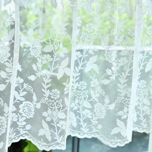 Vista 40 de FINECITY 2 paneles de cortinas de encaje beige de 36 pulgadas de largo con hojas florales rústicas, cortinas cortas y transparentes para ventana