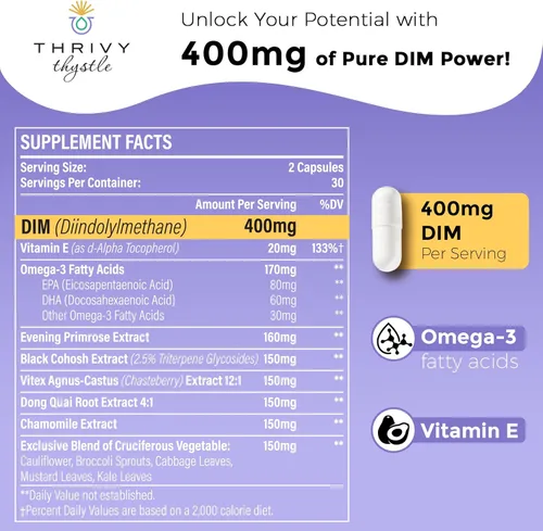 Vista 2 de Liposomal DIM 400 mg - Equilibrio hormonal, apoyo al estrógeno para mujeres, suplemento DIM con vitamina E, onagra, cimicifuga, ácidos grasos