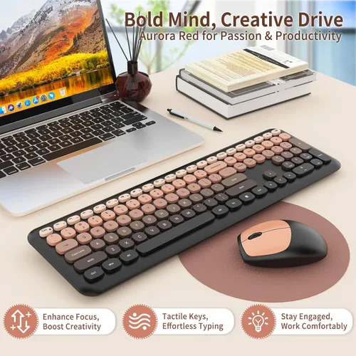 Vista 2 de HotFox Combo de teclado y ratón inalámbrico, teclado retro de tamaño completo tipo máquina de escribir con teclas redondas, diseño ergonómico