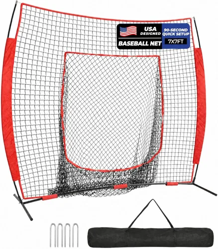 Vista 7 de 7 x 7 ft Baseball Net, Baseball Softball Batting Net for Practice Hitting Pitching Fielding, Quick Setup, Portable, with Carry Bag, 4 Ground Stakes