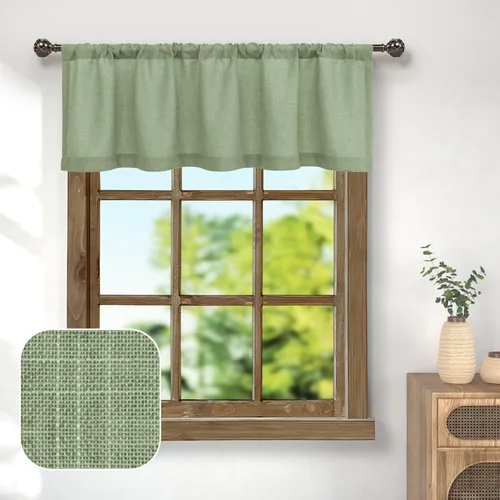 Vista 21 de Cenefa de ventana de lino natural para cocina con bolsillo para barra de 3 pulgadas; cenefa semitraslúcida para filtrar la luz estilo bohemio