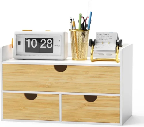 Organizador de escritorio Wisuce con cajones - Organizador de escritorio de bambú | Organizador de cajones de escritorio de madera natural blanco