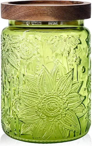 Vista 8 de Tarro de vidrio con tapa de madera hermética, recipiente de almacenamiento vintage de 24 onzas para cocina, despensa, baño, hermoso recipiente