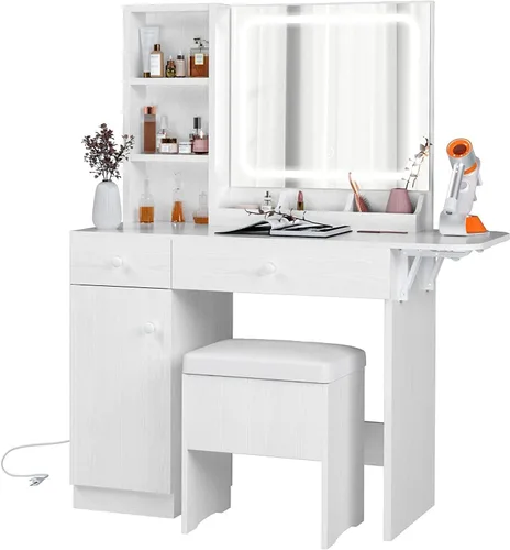 Vista 9 de IRONCK Escritorio de tocador con espejo iluminado LED y toma de corriente, mesa de maquillaje con cajones y gabinete, taburete de almacenamiento