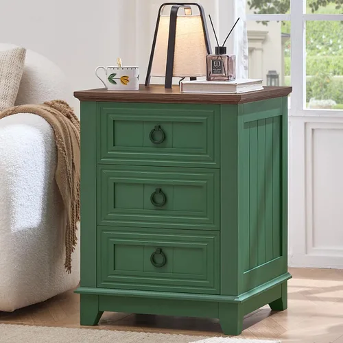 Vista 70 de Joaxswe Mesita de noche estilo granja de 18" con estación de carga, cómoda con mesa auxiliar de 2 cajones para dormitorio, mesita de noche de madera