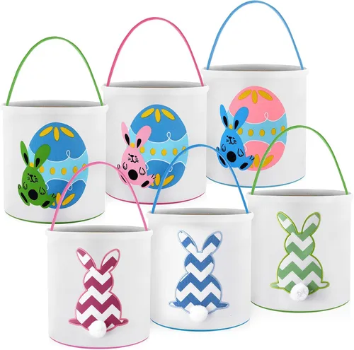 Vista 12 de Honeydak 6 cestas de caza de huevos de Pascua para niños, conejo, de lona, bolsas de cubo (esponjosas)
