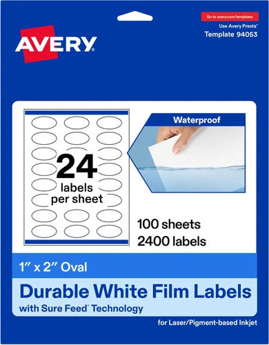 Vista 10 de Avery Etiquetas ovaladas impermeables duraderas, tecnología Sure Feed, 1 "x 2", 1,200 en total, etiquetas impermeables resistentes al aceite y al