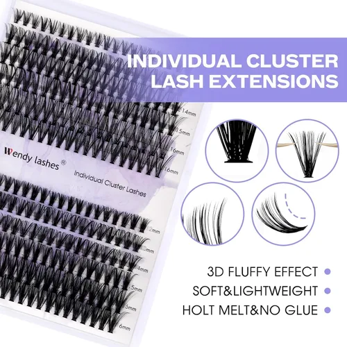Vista 3 de Kit de racimos de pestañas para pestañas de bricolaje: 280 unidades, Wendy, para usar en casa, ultraligeras, naturales, esponjosas, delgadas