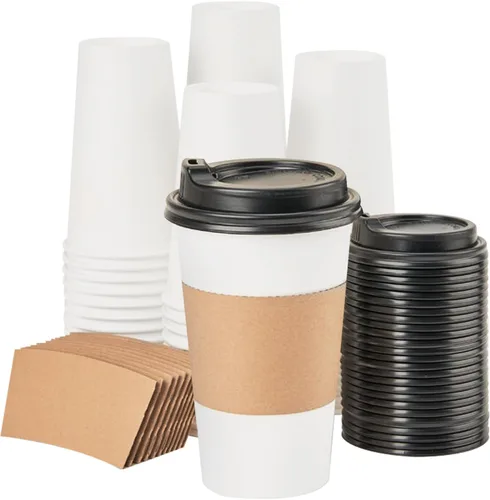 Vista 18 de RACETOP [Paquete de 50] Tazas de café desechables con tapas de 12 onzas, tazas de papel caliente con tapas, taza para llevar con tapa
