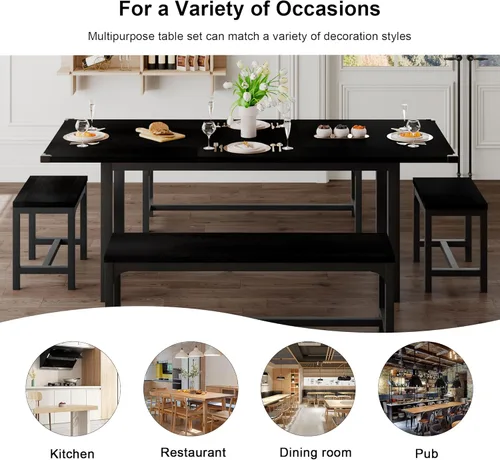 Vista 7 de Feonase Juego de mesa de comedor de 5 piezas para 4-8 personas, juego de mesa de cocina grande extensible de 63 pulgadas con 2 bancos y 2 taburetes