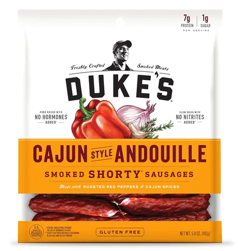 Vista 3 de Duke's Paquete de salchichas cortas ahumadas cajún y teriyaki (5 onzas)