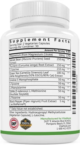 Vista 7 de VitaMonk Dopify - Suplemento de dopify Dopamina Booster con monofosfato de uridina, mucuna pruriens, L-teanina, tirosina y más, sin rellenos