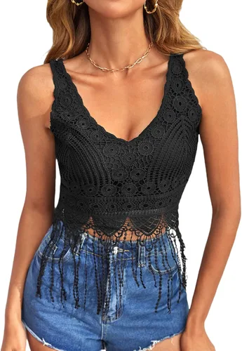 Verdusa Atuendos de los años 70 para mujer, camiseta corta sin mangas con cuello en V y flecos de guipur