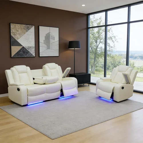 Vista 14 de Juego de sofá reclinable eléctrico para sala de estar, juego de sofá reclinable de pana con luces LED, puertos USB, almacenamiento oculto, juego