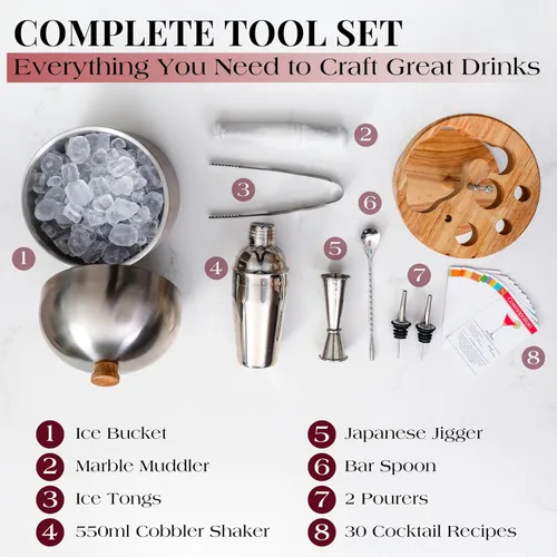 Vista 4 de Gusto Nostro Juego de utensilios para preparar cócteles para bármanes con cubitera de acero inoxidable - Juego completo de herramientas de mixología