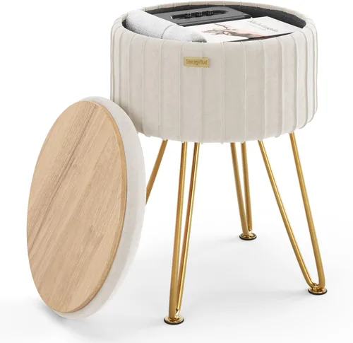 Vista 30 de STORAGEBUD Otomana redonda con almacenamiento, otomana de almacenamiento de bouclé, taburetes otomanos, taburete de tocador de maquillaje, pequeños