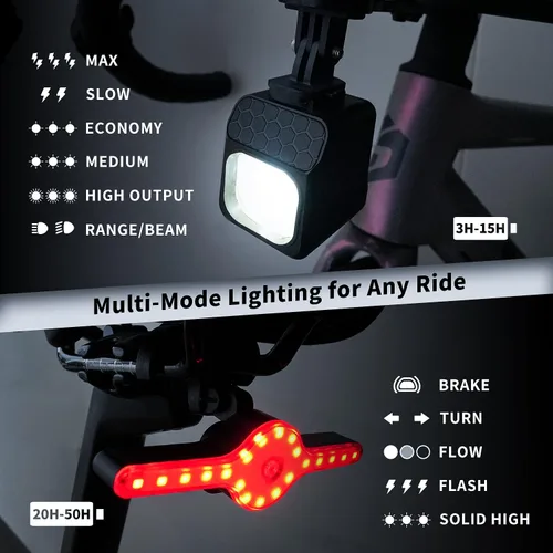 Vista 4 de Masdio Luces de bicicleta delanteras y traseras, luces de bicicleta para conducción nocturna, control remoto, haz de 984.3 ft y luz trasera