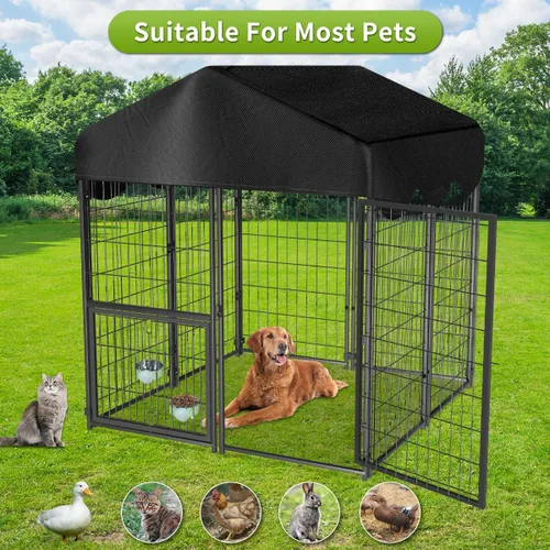 Vista 6 de Perrera resistente para perros al aire libre, perreras cubiertas exteriores con techo, 4 x 4.2 x 4.5 pies, puerta de comedero ajustable para perros