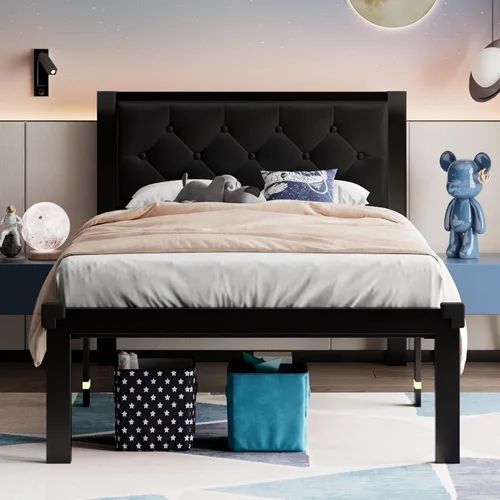 Vista 14 de Feonase Marco de cama Queen tamaño metálico con cabecera tapizada con botones de piel sintética, marco de plataforma resistente con almacenamiento