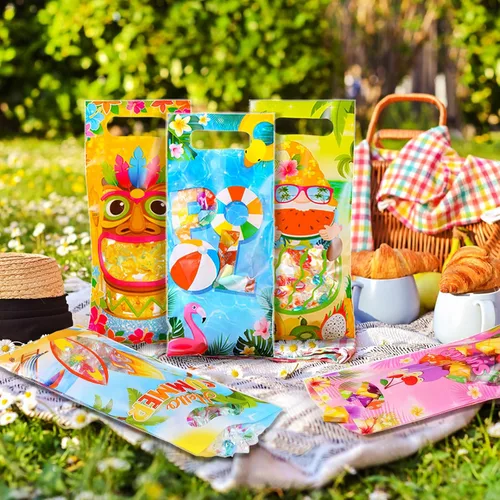 Vista 5 de Pasimy 60 bolsas de regalo de verano, bolsas de celofán de plástico a granel con ventana transparente, pequeñas bolsas de regalo para Halloween