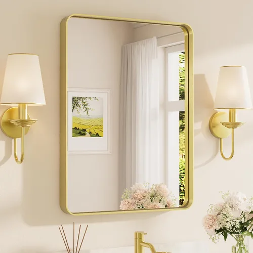 Vista 118 de TETOTE Espejo de marco dorado cepillado de 16 x 24 pulgadas, espejo de tocador de baño de latón dorado para pared, espejo enmarcado rectangular