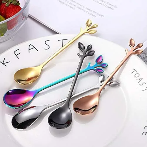 Vista 9 de Juego de 12 cucharas de café de acero inoxidable con hojas doradas, cucharas de postre, cucharas de té y azúcar, juego de cucharas para helado