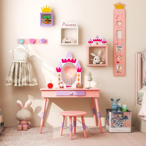 Vista 2 de Costzon Juego de tocador para niños, juego de tocador para niñas con espejo y taburete, tocador de maquillaje de princesa con cajón, tabla