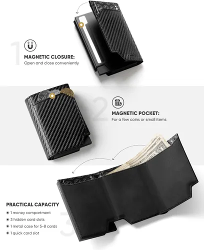 Vista 3 de VULKIT Billetera desplegable de metal para hombre, con bloqueo RFID inteligente, tarjetero de crédito, cierre magnético, billeteras triples de cuero