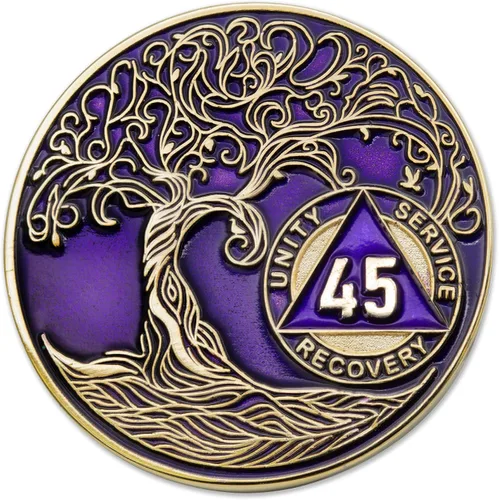 Vista 22 de 1 año Sobriety Mint Twisted Tree of Life Medallón de recuperación AA chapado en oro, chip/ficha - negro