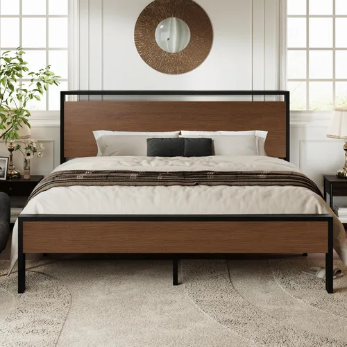 Vista 9 de Base de cama Allewie de tamaño individual con cabecero y pie de cama de madera, soporte de listones de metal resistentes, no requiere somier