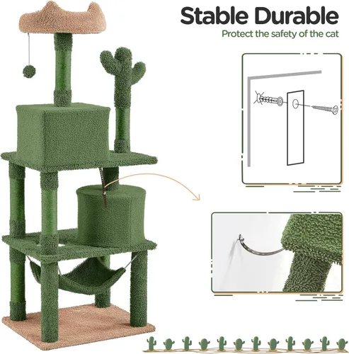 Vista 9 de Yaheetech Árbol de cactus para gatos de interior, torre para gatos de 62 pulgadas con postes rascadores, hamaca y bola colgante, muebles de centro