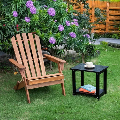 Vista 7 de VICTORY RELAX Mesa de acento Adirondack negra para exteriores – Mesa auxiliar de madera de acacia resistente a la intemperie con almacenamiento