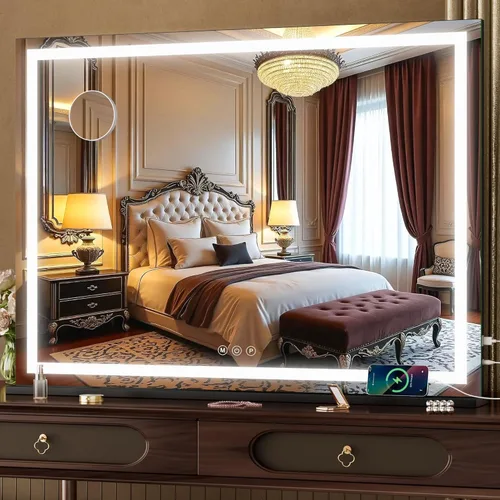 Vista 34 de Hasipu Espejo de tocador con luces, espejo de maquillaje LED de 32 x 24 pulgadas, espejo de maquillaje iluminado con 3 modos regulables, espejo