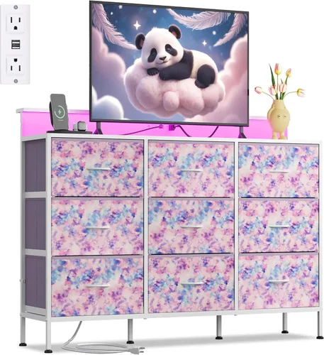 Vista 11 de WLIVE Cómoda Negra Soporte de TV para TV de 45, 50, 55 pulgadas, Centro de Entretenimiento con Luces LED y Estación de Carga, Cómoda con 9 Cajones