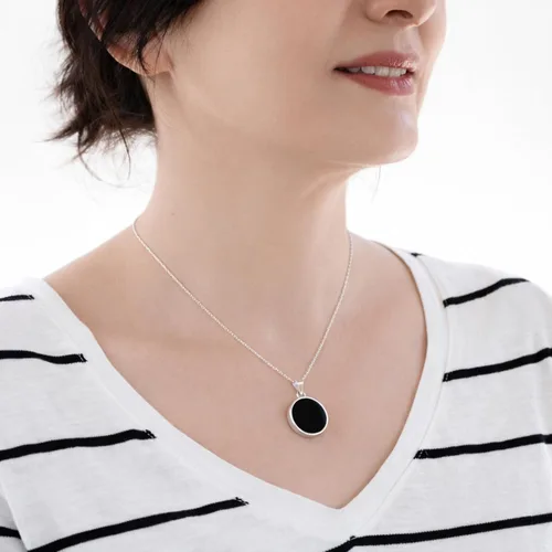Vista 3 de Sterling Silver 925 Black Onyx Flat Round Handmade Pendant Necklace for Women & Men - Unisex