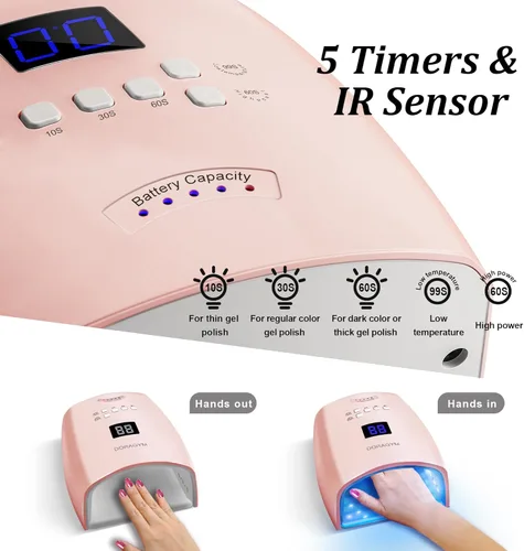 Vista 3 de Lámpara de uñas LED UV, secador de esmalte de gel inalámbrico para manicura de gel profesional - rosa