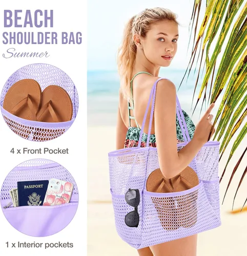 Vista 4 de KPX Bolsa de playa con mini bolsillo, bolsas de playa para mujer, bolsas de viaje grandes plegables de malla para piscina, a prueba de arena