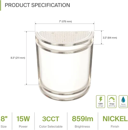Vista 2 de ASD Lámpara LED de montaje en pared interior – 8 pulgadas 15 W moderna lámpara de pared interior de níquel regulable – ETL 3000K 4000K 5000K