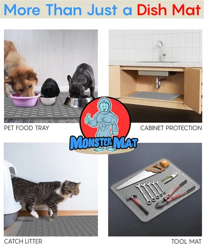 Vista 6 de Monster Mat - Tapete de silicona extra grande para secar platos (30 x 24 pulgadas), tapete de silicona resistente y de secado rápido, tapete