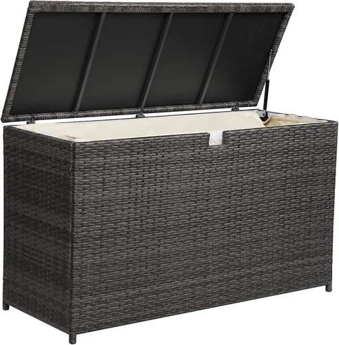 Vista 9 de Super Patio Caja de almacenamiento de mimbre para patio al aire libre, impermeable, caja de almacenamiento de ratán para cojines, herramientas