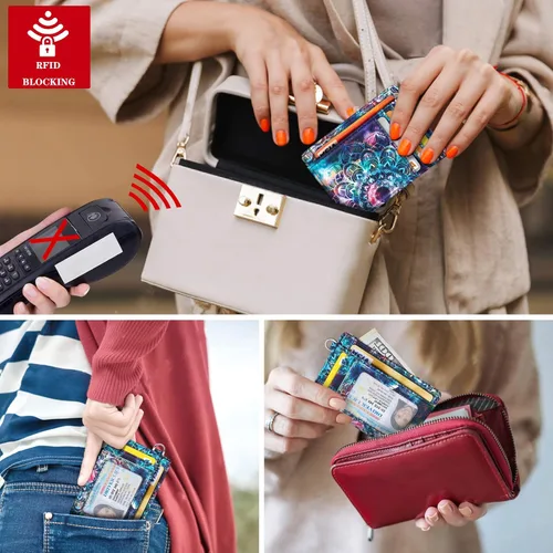 Vista 6 de Cartera delgada con bolsillo frontal RFID para tarjetas de identificación, bonita cartera pequeña con llavero para mujer