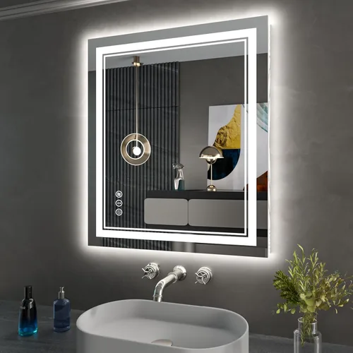 Vista 22 de Espejo de baño LED de 40 x 36 pulgadas con luces, retroiluminado y frontal iluminado para pared, antiempañamiento, regulable, memoria inastillable