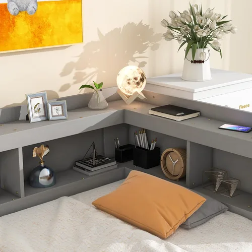Vista 5 de Quarte Elegante cama de plataforma con estanterías en forma de L, cama de plataforma de madera tamaño individual con 2 cajones de almacenamiento