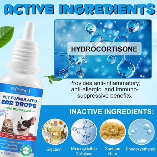 Vista 2 de Gotas de tratamiento de infección de oído para perros y gatos, solución de limpieza de oídos para mascotas, gotas con hidrocortisona 1% calmante