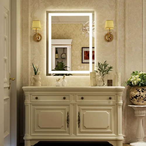 Vista 3 de XRAMFY Espejo de baño LED de 38 x 26 pulgadas con luces, espejo de pared con luz delantera y trasera, espejo de tocador de 3 colores con luces