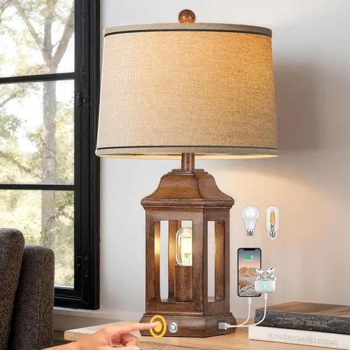 Vista 14 de Juego de 2 lámparas de mesa industriales de granja de 28 pulgadas - Lámparas rústicas de mesita de noche con puertos USB A+C duales, lámparas