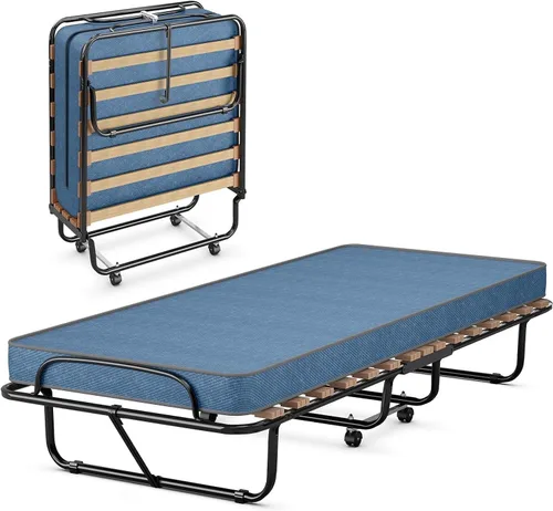 Vista 11 de HAPPYGRILL Cama enrollable, cama plegable con colchón de espuma viscoelástica de 5 pulgadas, marco de acero resistente, 4 ruedas universales, cama