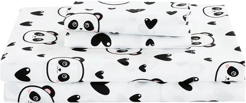 Vista 2 de Chezmoi Collection Juego de sábanas de 3 piezas para niños y adolescentes, microfibra suave, color blanco y negro, estampado de corazones de panda